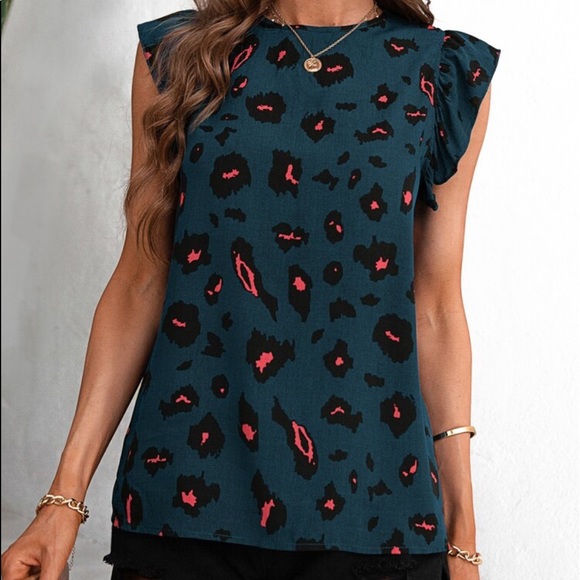 Leopard Print Ruffle Sleeve Top Blouse - Picture 4 of 7